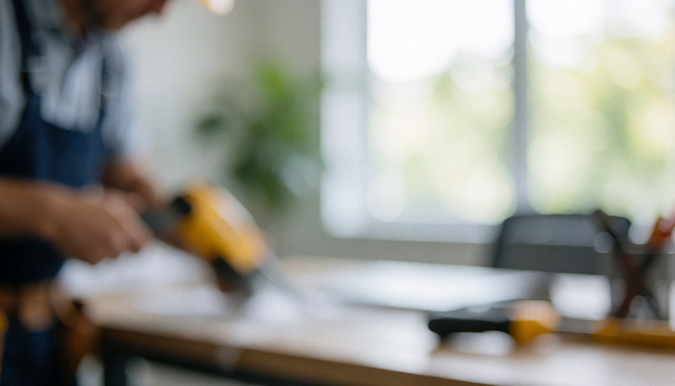 Fond de bureau avec outils et lumière naturelle, idéal pour les services d'isolation thermique. Travailleur avec outil électrique au premier plan flou.