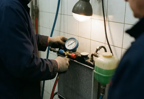Un mécanicien en gants utilise un manomètre sur un radiateur de moteur avec un récipient de liquide vert et une lampe de travail sur des carreaux blancs.
