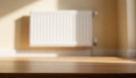 Radiateur blanc installé sur un mur beige, sol en bois, lumière douce et ambiance cosy, idéal pour texte, arrière-plan flou.
