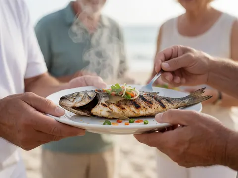 Poisson grillé fumant sur une assiette blanche posée sur le sable d'une plage, avec un fond flou de mer et de ciel.