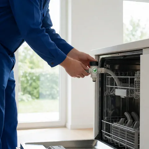 Un technicien en uniforme bleu pose une valve d'eau avec symbole vert sur un appareil moderne dans une cuisine lumineuse aux murs blancs.
