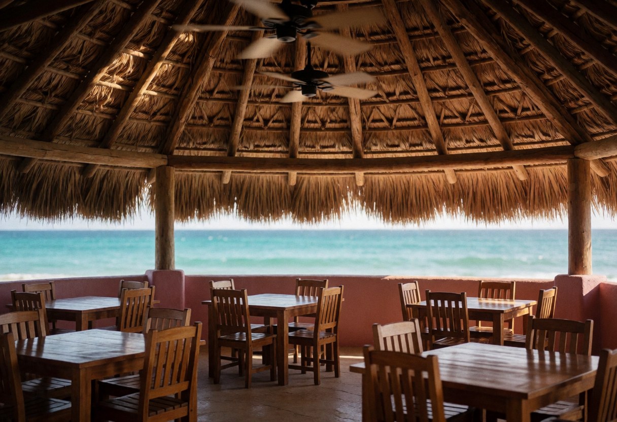 Grill en bois sous un toit de palapa, tables et chaises en bois, ventilateurs, murs roses, lumière naturelle et vue sur l'océan.