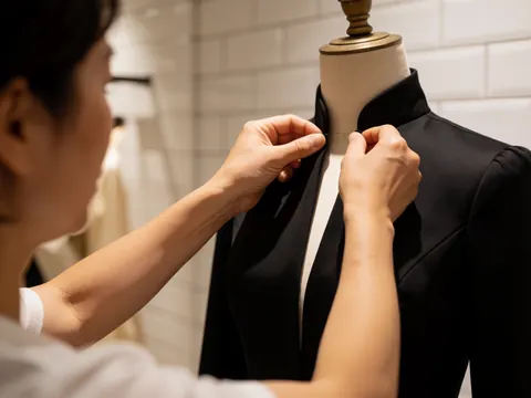 Un photographe professionnel ajuste délicatement le col d'un vêtement noir posé sur un mannequin, avec un fond de murs carrelés blancs et une lumière chaude.