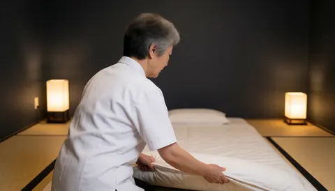 Un professionnel du shiatsu prépare un futon sur un tatami dans une pièce aux murs gris et à l'éclairage chaleureux, créant une ambiance calme et privée.