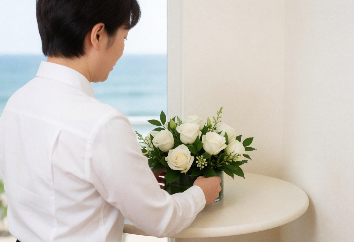 Un employé ajuste un arrangement de roses blanches sur une table ronde près d'une fenêtre offrant une vue sur la mer, dans un cadre professionnel et lumineux.