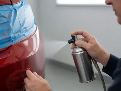 Technicien appliquant un revêtement aérosol sur un pare-chocs rouge de voiture avec du ruban bleu dans un atelier à mur gris