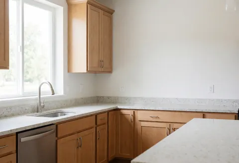 Cuisine ouverte moderne avec meubles en bois clair, plan de travail en granit blanc, grande fenêtre apportant de la lumière naturelle et murs blancs, idéale pour les réparations de cuisine.