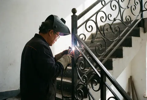 Un soudeur professionnel réalise la soudure d'une rambarde en fer forgé ornée de détails en spirale sur un escalier intérieur. Il porte un casque, des gants et des vêtements de travail.