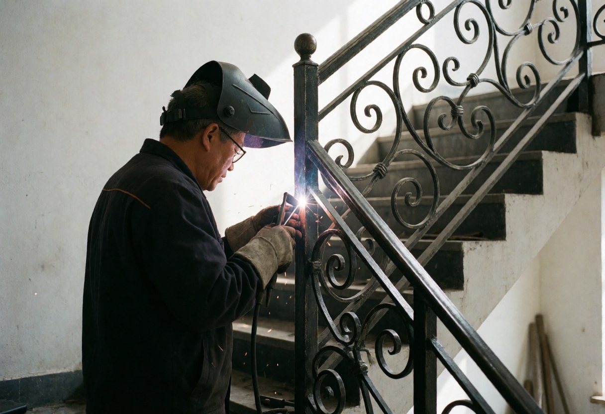 Un soudeur professionnel réalise la soudure d'une rambarde en fer forgé ornée de détails en spirale sur un escalier intérieur. Il porte un casque, des gants et des vêtements de travail.