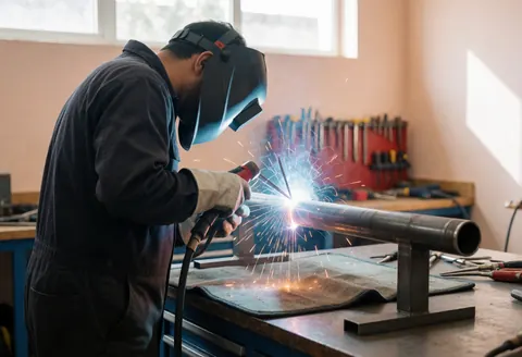 Un soudeur équipé d'un casque et de gants de protection réalise une soudure MIG sur un tube en acier, avec des étincelles et des outils visibles dans un atelier ordonné.