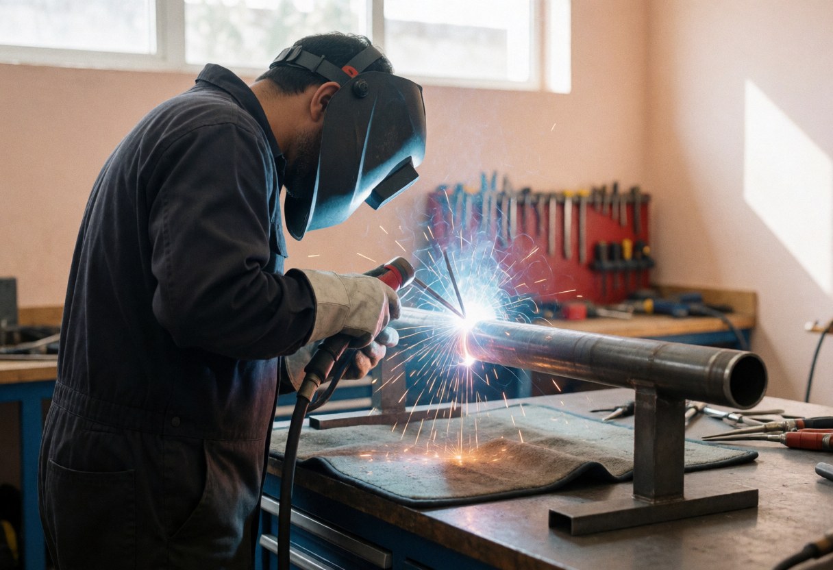 Un soudeur équipé d'un casque et de gants de protection réalise une soudure MIG sur un tube en acier, avec des étincelles et des outils visibles dans un atelier ordonné.