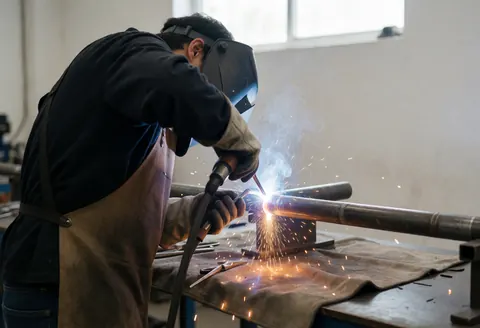 Un soudeur professionnel équipé d'un casque et de gants réalise une soudure par arc électrique sur un tube en métal, des étincelles tombent sur une toile dans un atelier industriel.
