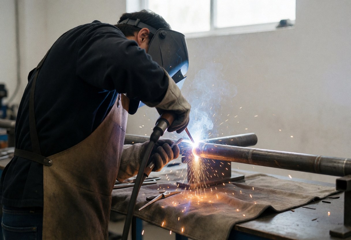 Un soudeur professionnel équipé d'un casque et de gants réalise une soudure par arc électrique sur un tube en métal, des étincelles tombent sur une toile dans un atelier industriel.