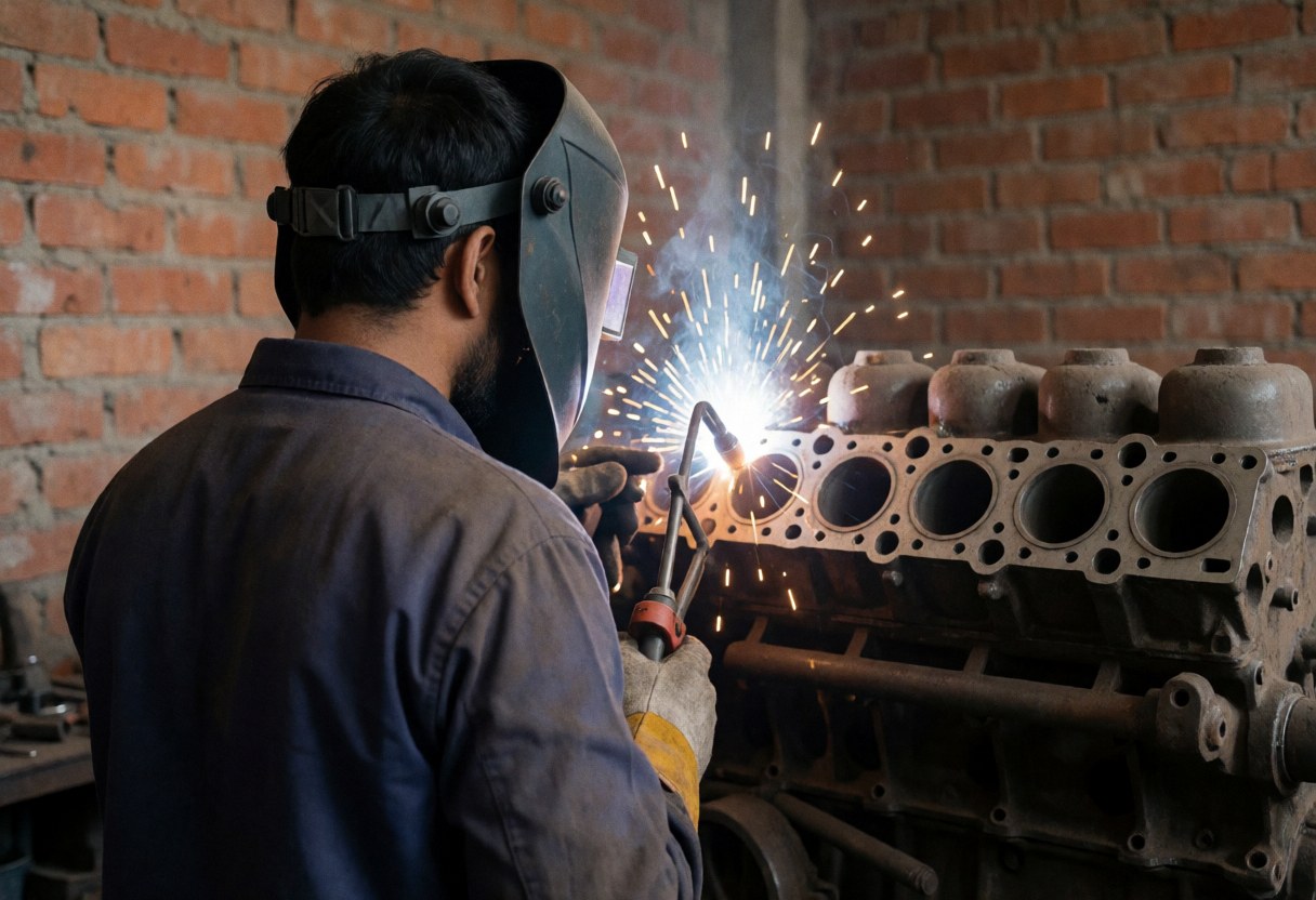 Soudeur professionnel avec casque de protection réparant un bloc moteur agricole dans un atelier avec des murs en briques rouges, des étincelles brillantes et des outils visibles.