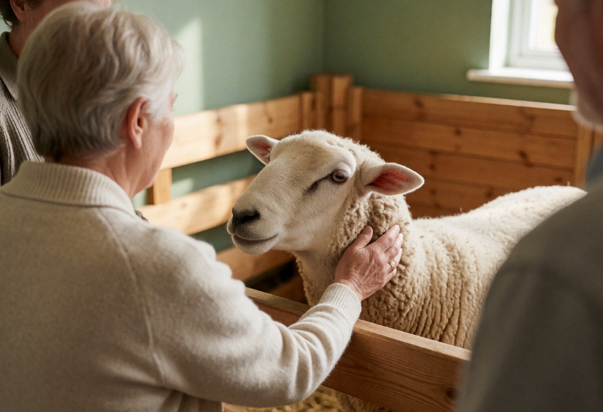 Une personne âgée aux cheveux blancs caresse doucement le cou d'un agneau blanc dans un enclos en bois avec des murs verts et de la lumière naturelle.