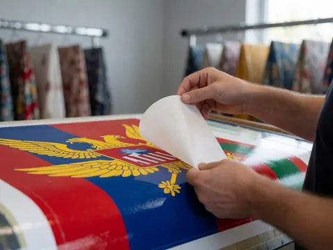 Une main retire le papier de transfert d'une bannière aux couleurs vives et aux détails nets dans un atelier d'impression textile.