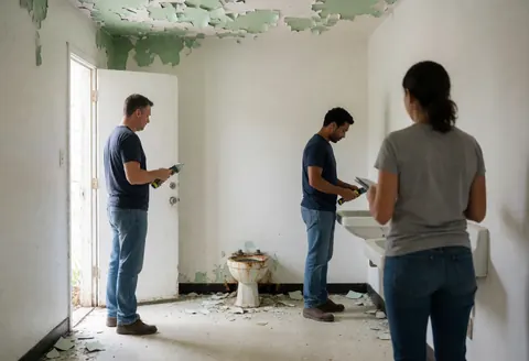 Trois installateurs inspectent une salle de bain délabrée avec des murs blancs, un plafond à peinture écaillée et des toilettes rouillées. Lumière naturelle entrant par la porte ouverte.
