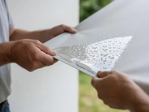 Mains tenant un tissu de store gris avec des gouttes d'eau, fond vert flou montrant l'effet hydrofuge.