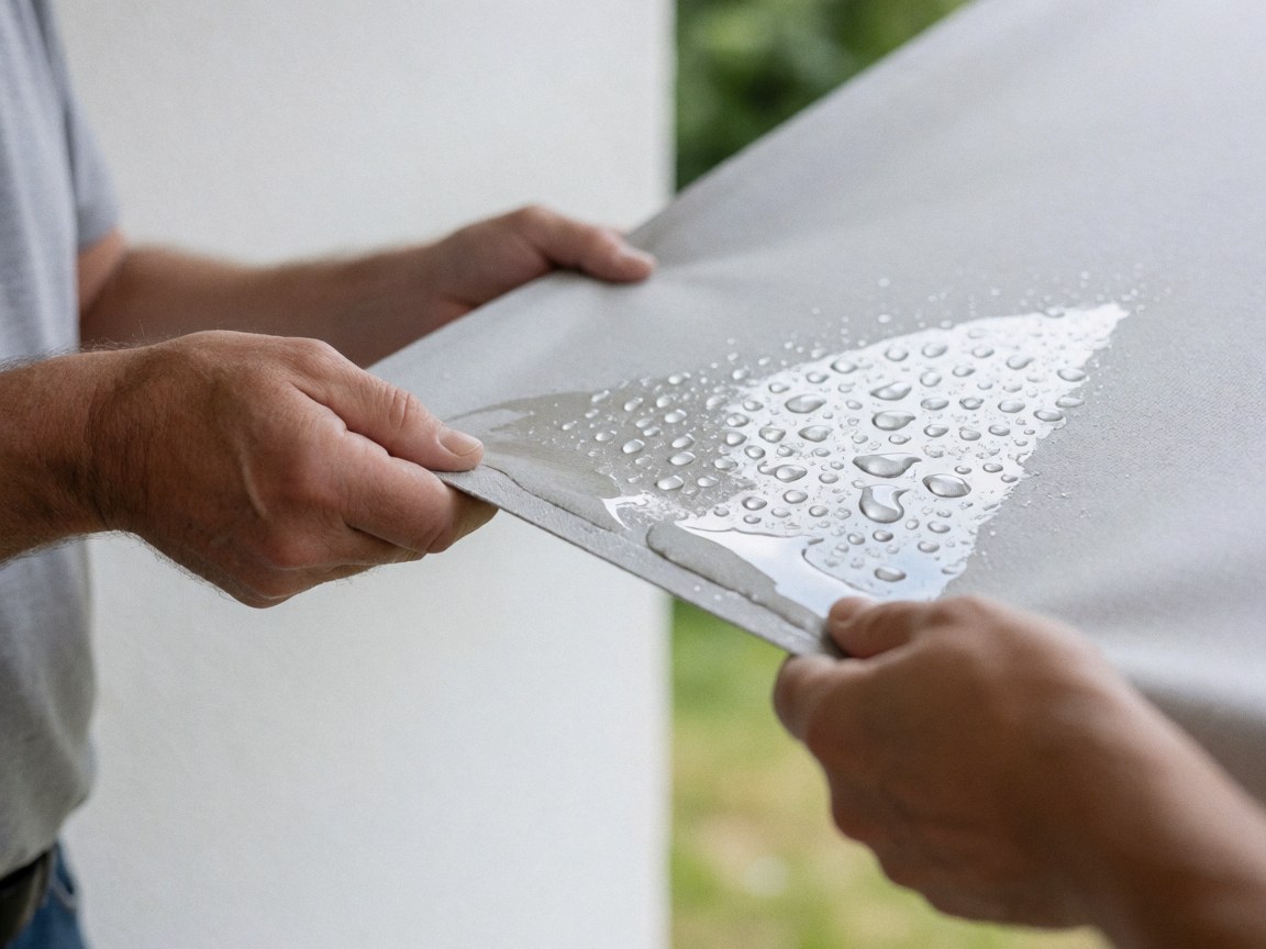 Mains tenant un tissu de store gris avec des gouttes d'eau, fond vert flou montrant l'effet hydrofuge.
