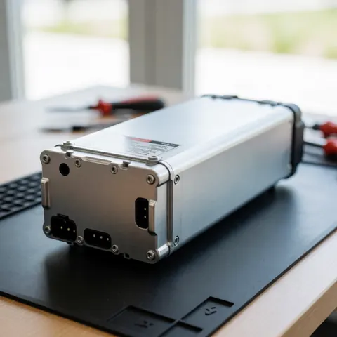 Batterie de vélo électrique démontée avec connecteurs visibles posée sur un tapis noir antistatique, outils de réparation en arrière-plan flou.