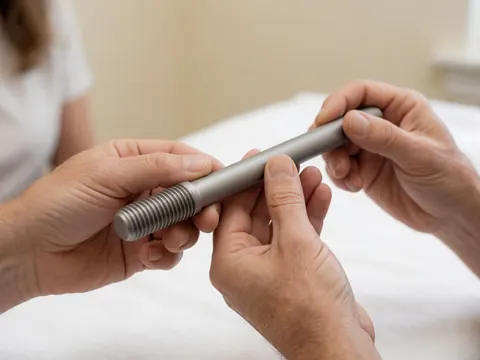 Des mains adultes tiennent une barre de titane filetée avec précision sur un fond blanc doux dans un environnement médical.