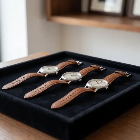 Trois montres avec des bracelets en cuir marron posées sur un plateau en velours noir, sur une table en bois devant une étagère et un mur blanc.