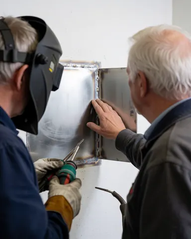 Un ouvrier en casque et gants examine un joint de soudure avec un collègue devant un mur blanc.