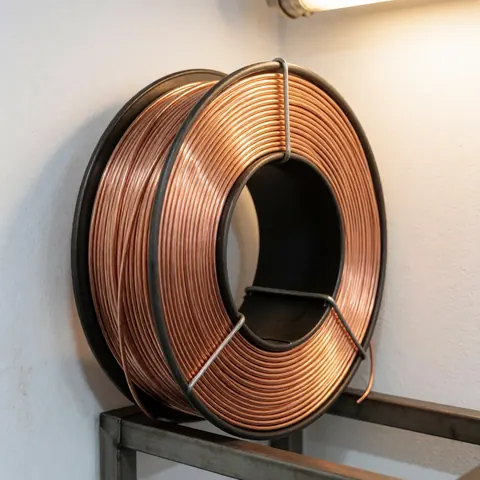 Bobine de fil MIG en cuivre brillant posée sur un rack métallique dans un atelier industriel aux murs blancs et à l'éclairage chaud.