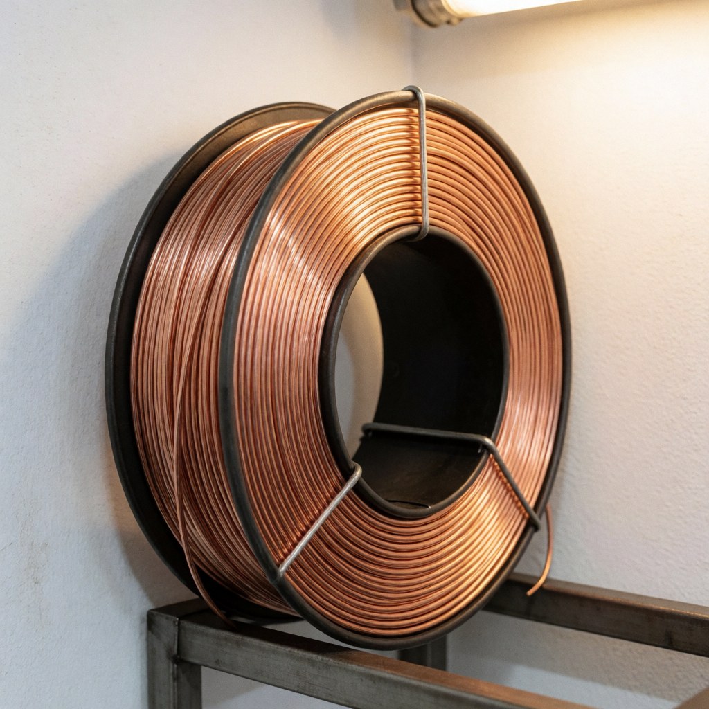 Bobine de fil MIG en cuivre brillant posée sur un rack métallique dans un atelier industriel aux murs blancs et à l'éclairage chaud.