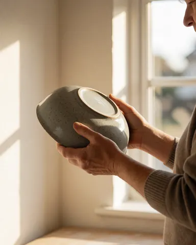 Une cliente adulte tient des deux mains un bol en céramique à glaçage gris moucheté près d'une fenêtre baignée de lumière solaire chaude dans un atelier aux murs blancs.