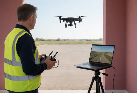 Un technicien aérien opère un drone avec une manette de contrôle. Un ordinateur portable posé sur un trépied affiche la route de vol. Le fond montre un champ ouvert sous un ciel clair, dans une scène professionnelle de