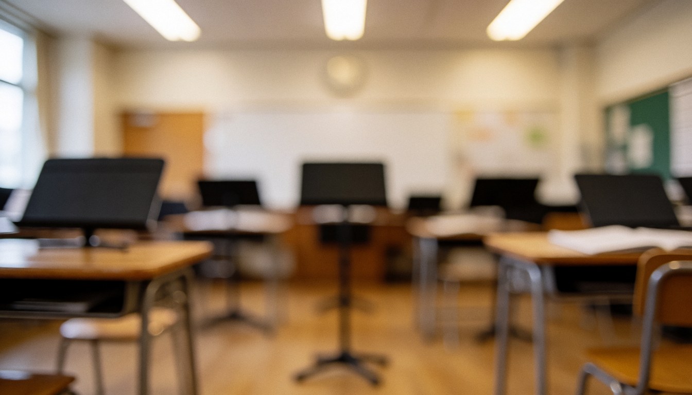 Vue arrière-plan floue d'une salle de musique avec tables en bois, pupitres à partitions et sol en bois éclairé par lumière naturelle et artificielle.
