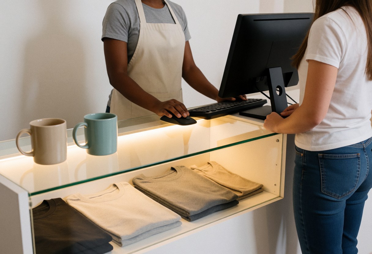 Une vendeuse en tablier accueille un client derrière un comptoir rempli de t-shirts et de mugs, dans un intérieur lumineux aux murs blancs.