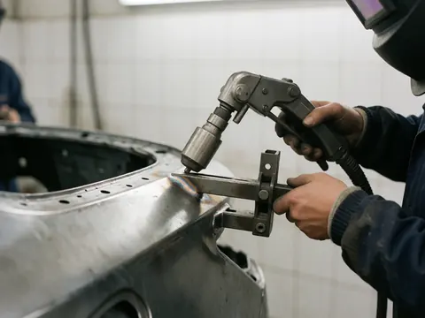 Atelier de soudure avec soudeur utilisant un outil, équipement de protection et métal poli, fond flou.