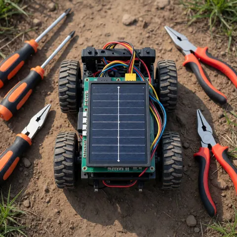 Robot solaire compact sur roues et câbles, entouré de tournevis et pinces sur sol terreux et herbeux.
