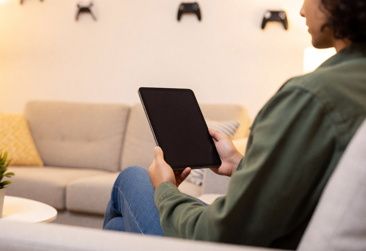 Une cliente attend dans une salle d'attente moderne avec une tablette. Le décor de jeux vidéo et l'éclairage créent une ambiance chaleureuse et professionnelle.