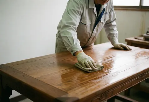 Un menuisier professionnel portant des gants poli une table en bois avec un chiffon dans un atelier éclairé par la lumière naturelle, mettant en valeur le brillant du meuble.