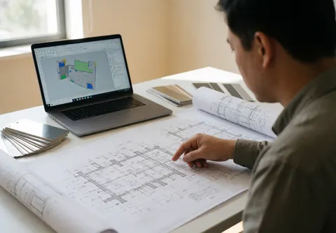 Un technicien consulte des plans sur un ordinateur portable avec des échantillons de finitions sur un bureau clair dans un environnement professionnel.