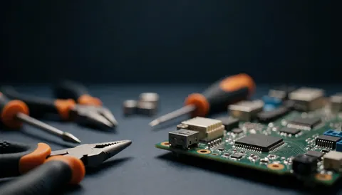 Vue rapprochée d'une carte de circuit imprimé accompagnée d'outils de réparation posés sur un arrière-plan noir, évoquant le service technique.