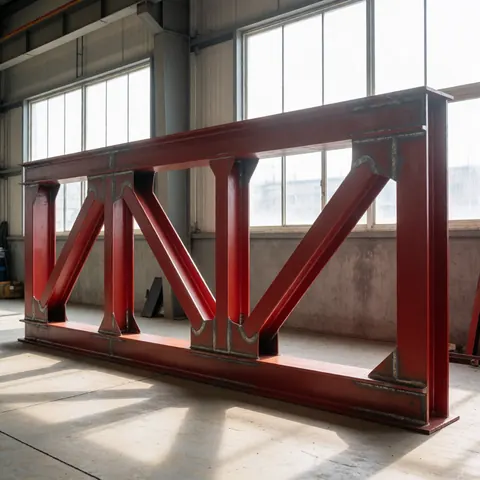 Structure en acier soudée et peinte en rouge, dans un atelier industriel avec lumière naturelle, montrant la qualité de fabrication.