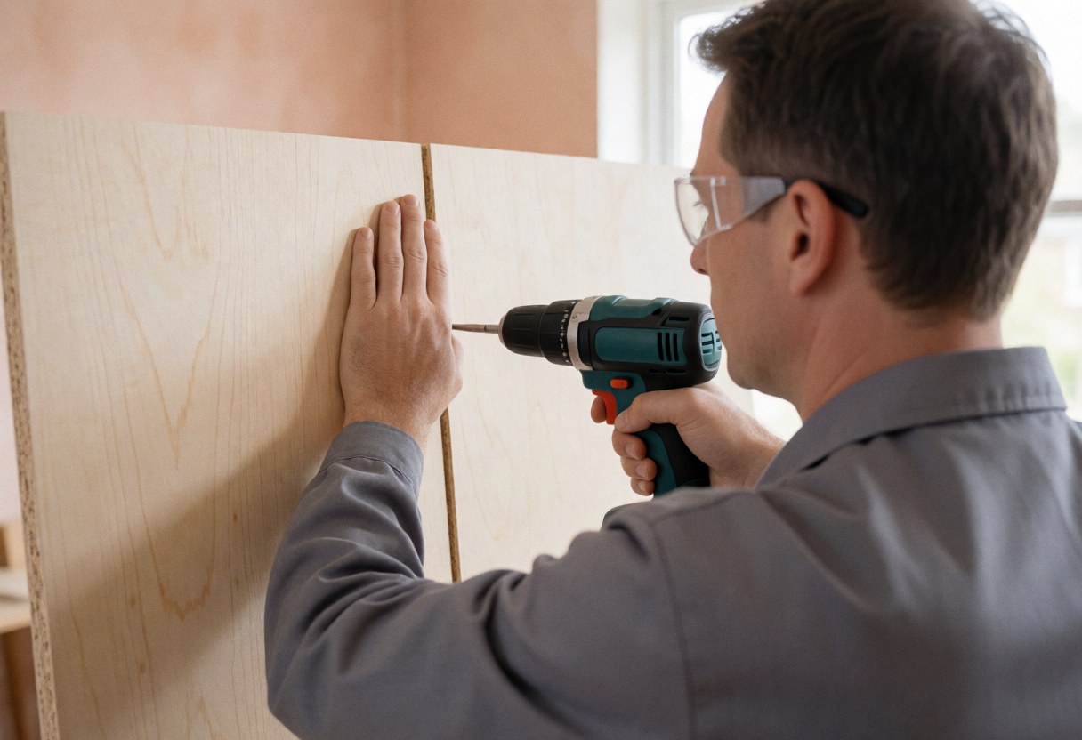 Un technicien en uniforme gris assemble deux panneaux de bois avec une perceuse électrique, portant des lunettes et des protections auditives dans un bureau aux murs terracotta.