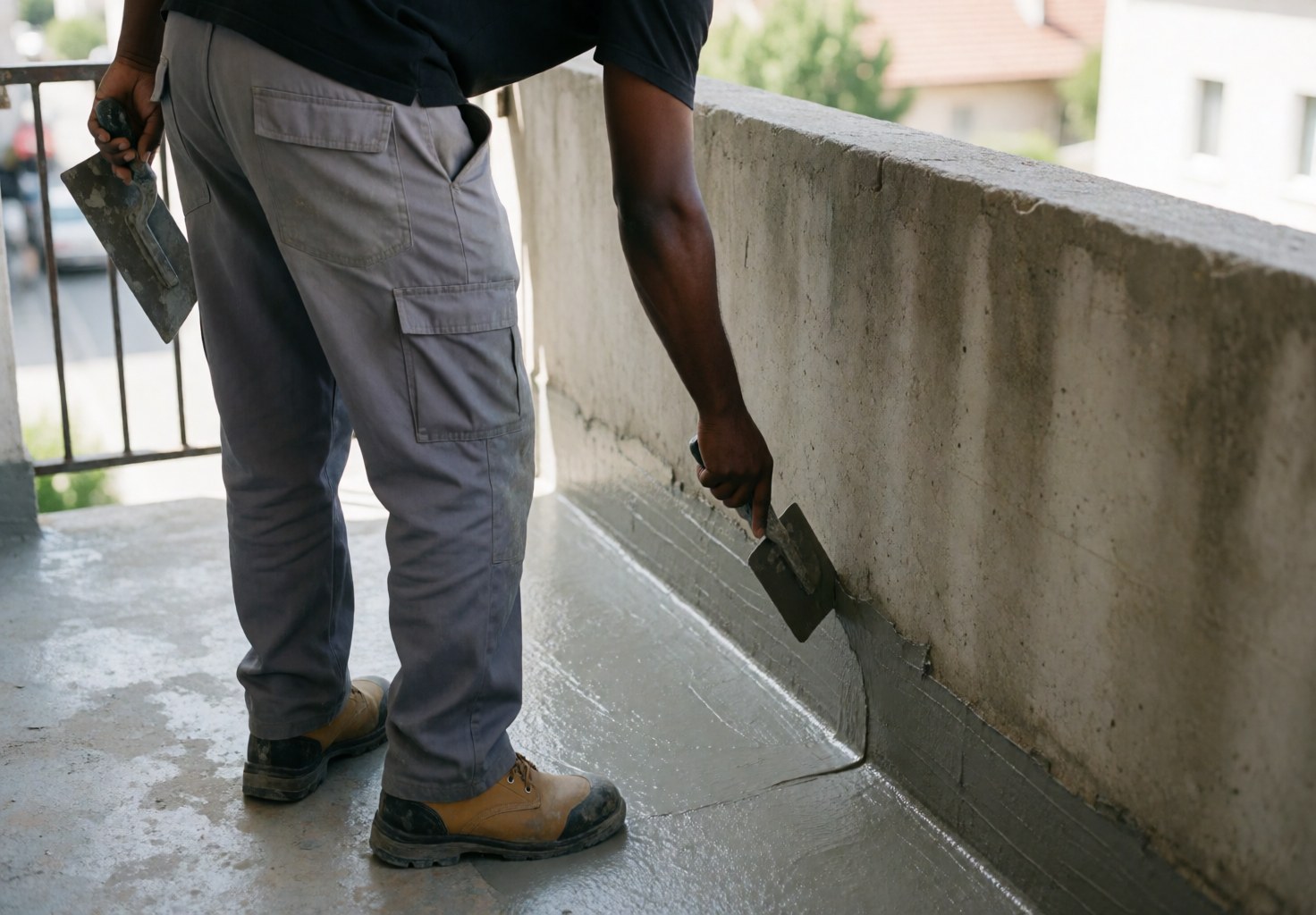 Un professionnel applique un enduit gris d'étanchéité sur une jonction en béton de balcon à l'extérieur, avec un outil et une lumière naturelle.