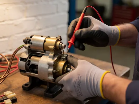 Mécanicien en gants teste un terminal de moteur de moto sur établi devant mur brique blanc, détail technique.