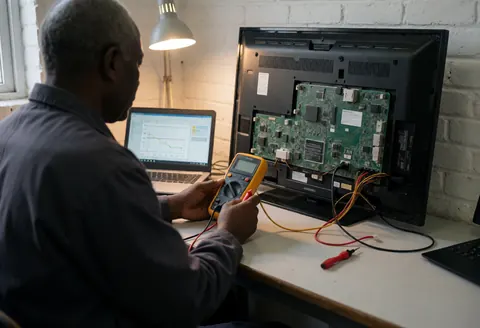 Un technicien examine un téléviseur à l'aide d'un multimètre et d'un ordinateur portable dans un atelier aux murs de briques blanches.