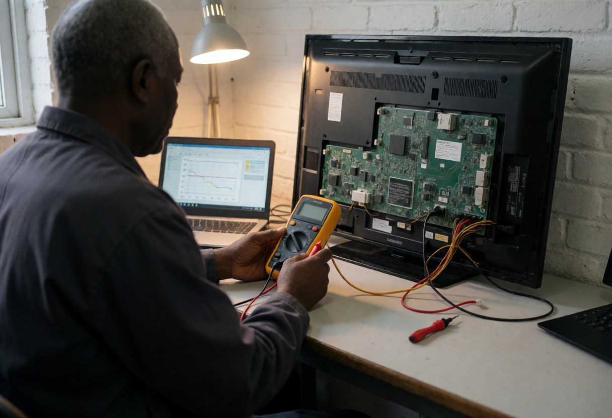 Un technicien examine un téléviseur à l'aide d'un multimètre et d'un ordinateur portable dans un atelier aux murs de briques blanches.