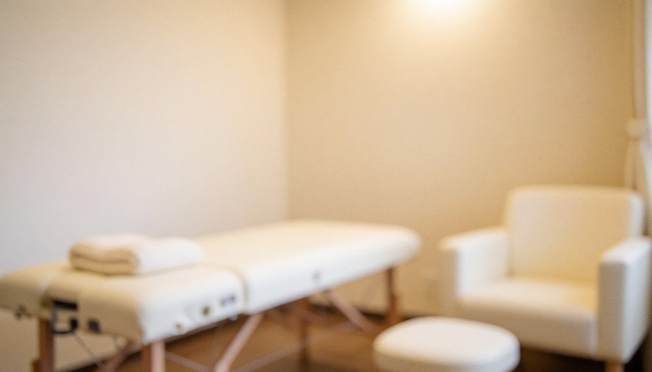 Salle de massage avec lit blanc, chaise et coussin, murs beige, éclairage chaleureux, fond flou pour textes.