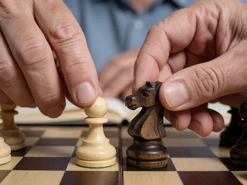 Gros plan montrant une main adulte déplaçant un pion blanc et une autre un cavalier noir sur un échiquier en bois, mettant en valeur la texture du bois et le contact entre les pièces.
