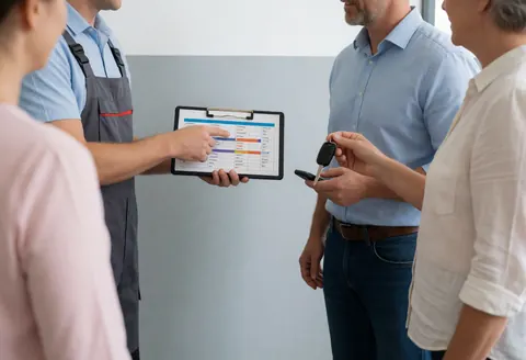 Un technicien explique des options de réparation de batterie à un client tenant une clé automobile dans un atelier.