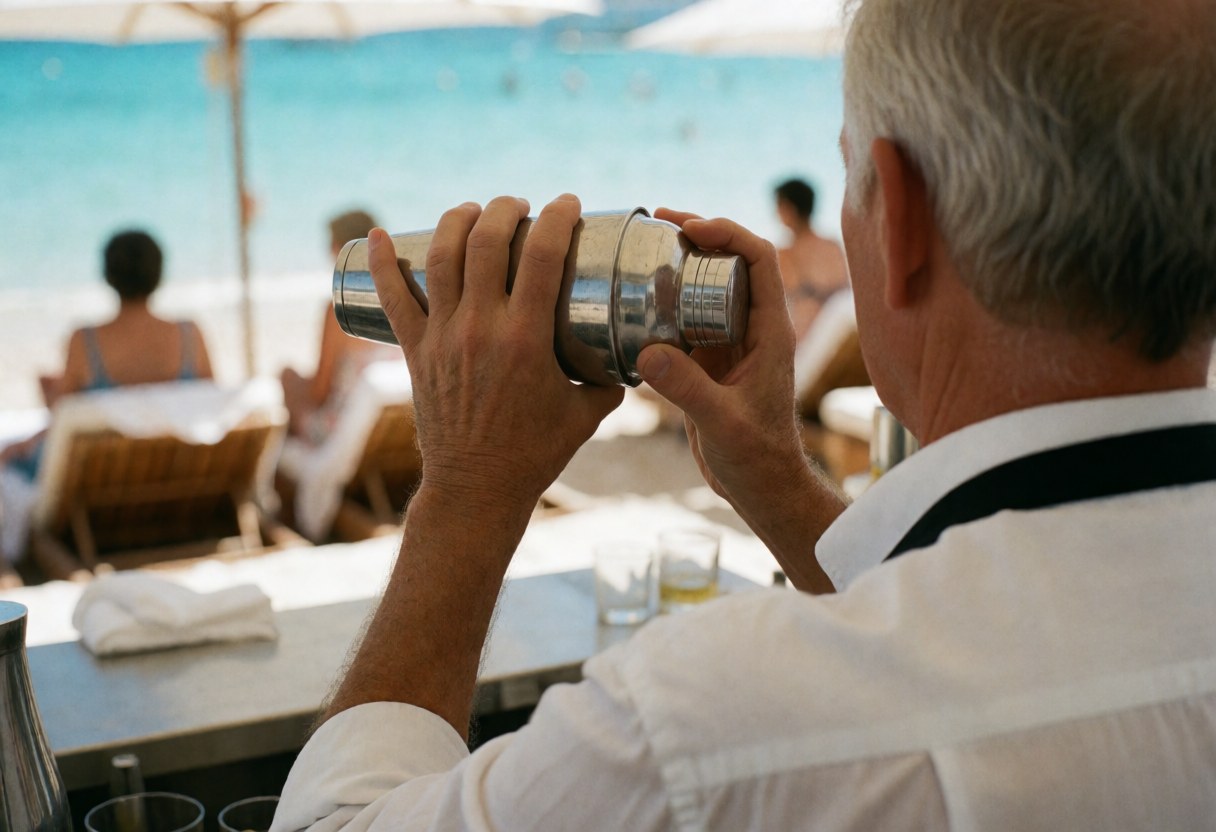 Vue arrière d'un bartender secouant un shaker, mains et outil visibles, fond flou avec eau et chaises.