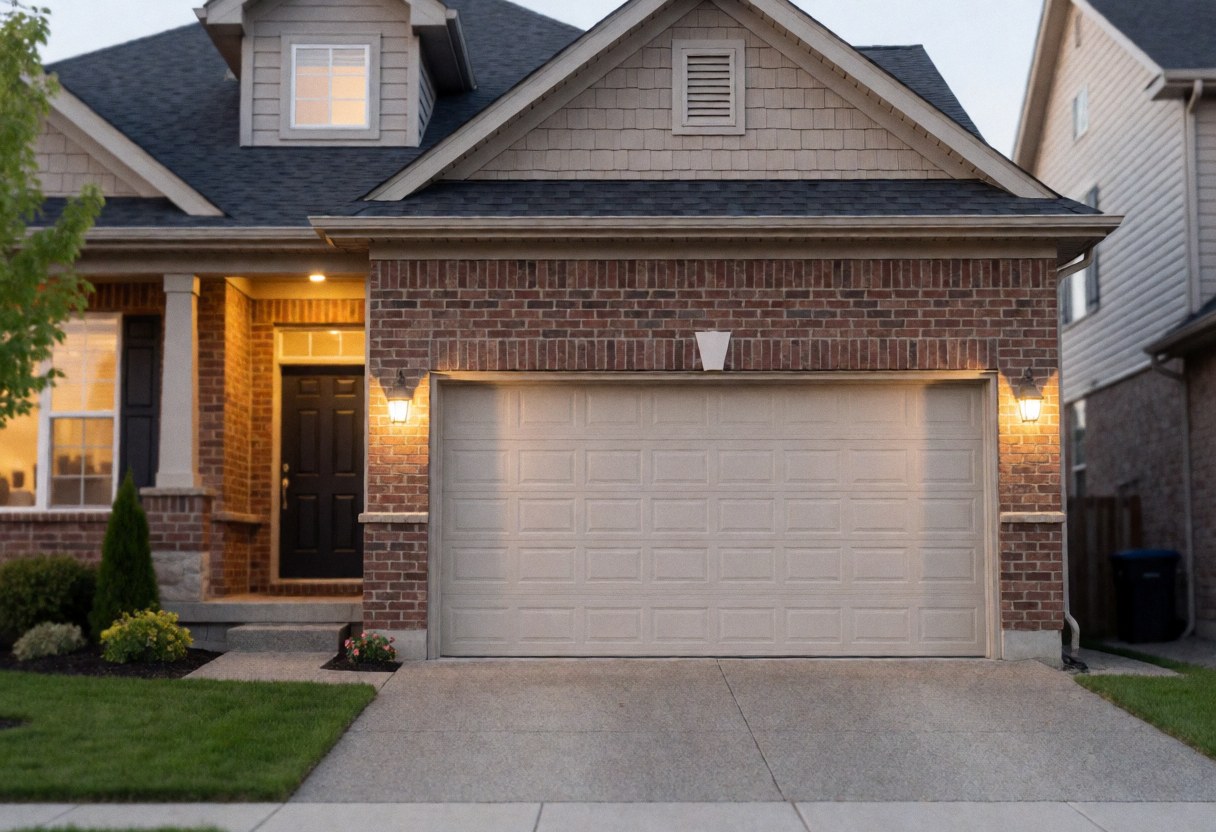 Résidence avec porte de garage beige, façade en brique et enduit, éclairage chaleureux à l'entrée, jardin bien entretenu et rue résidentielle en arrière-plan.